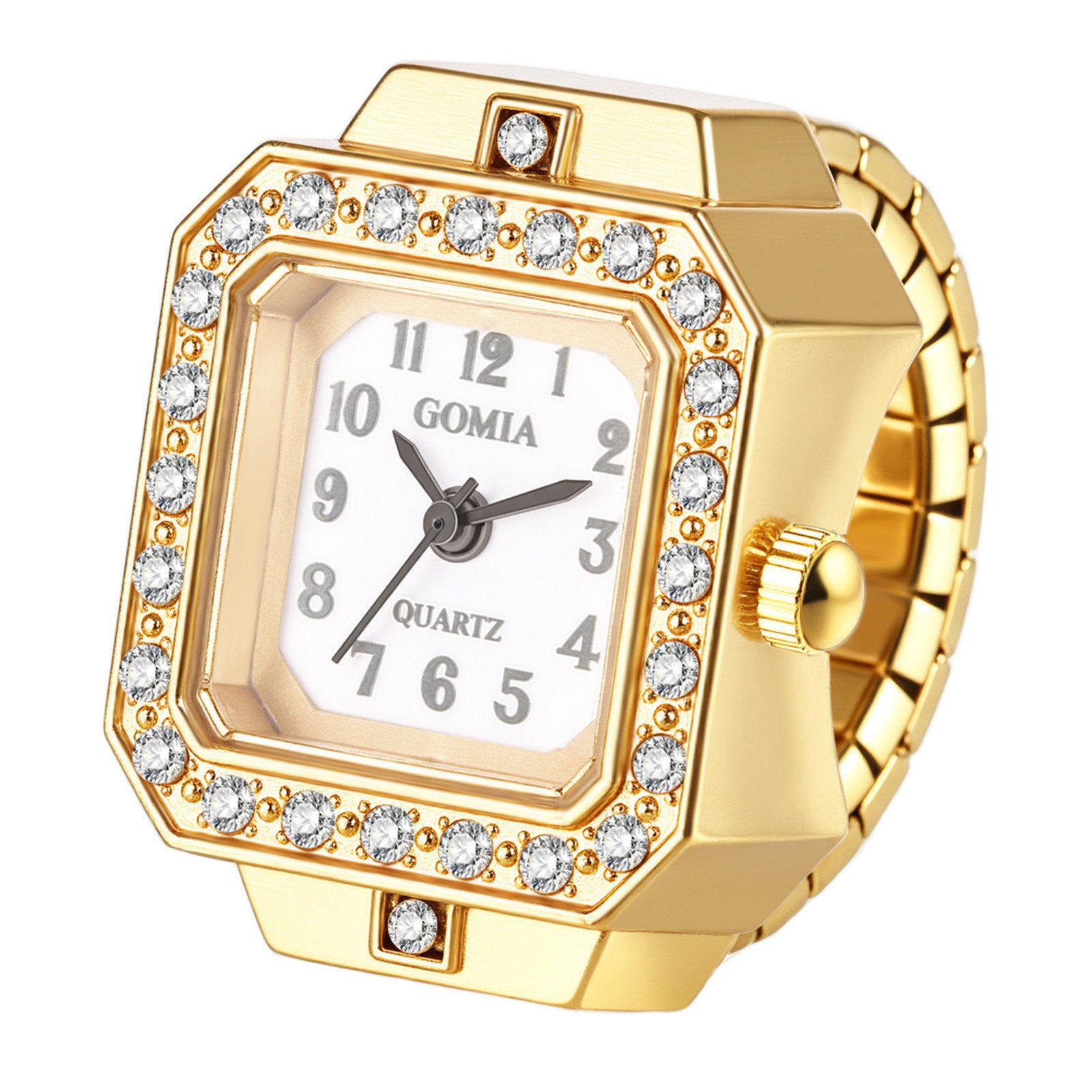 Bling Rhinestone Square Dial Elastic Finger Ring Quartz Watch Stretch Band