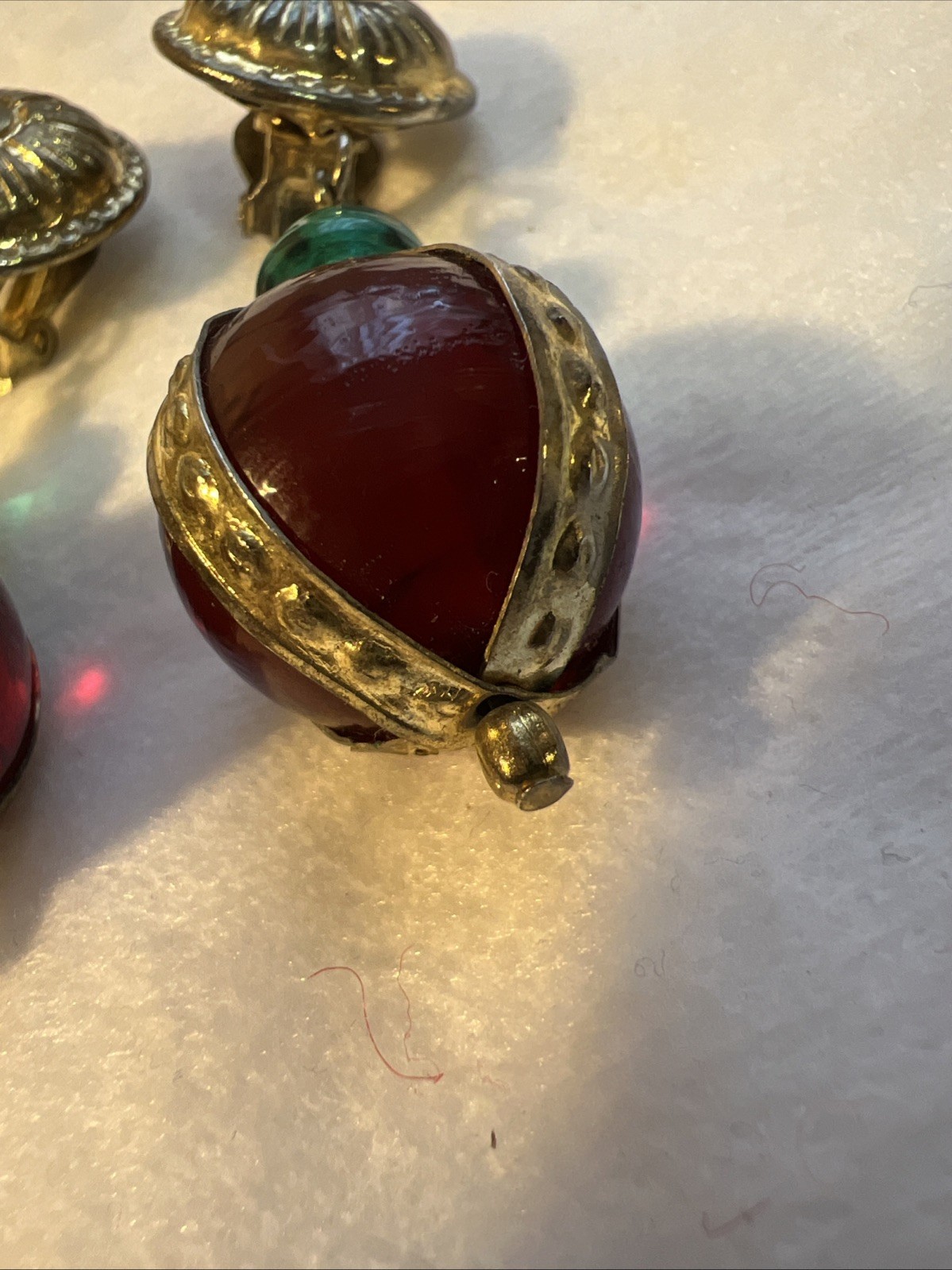 Vtg Egyptian Rev. Gripoix Poured Glass Brass Gold Red Green Runway Clip Earrings