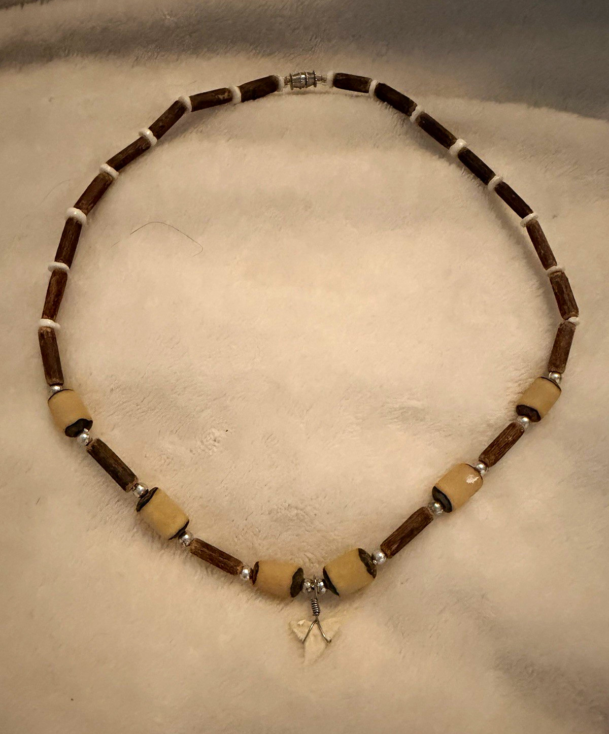Brown Beige Wood & Plastic Beaded Necklace w/ Silver Cross Charm, Screw