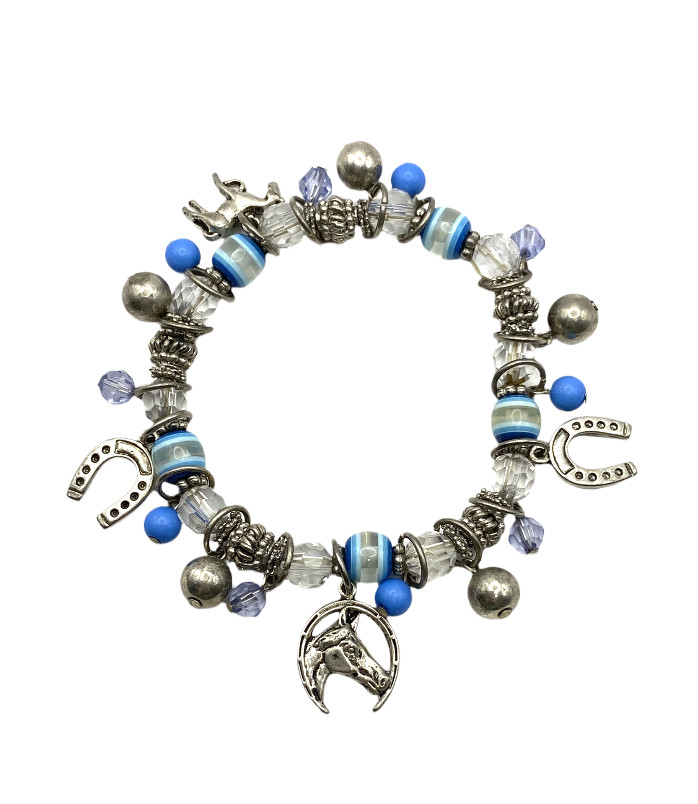 Blue-Clear Beaded Stretch Horse Horseshoe Charm Bracelet Silver Tone Equestrian