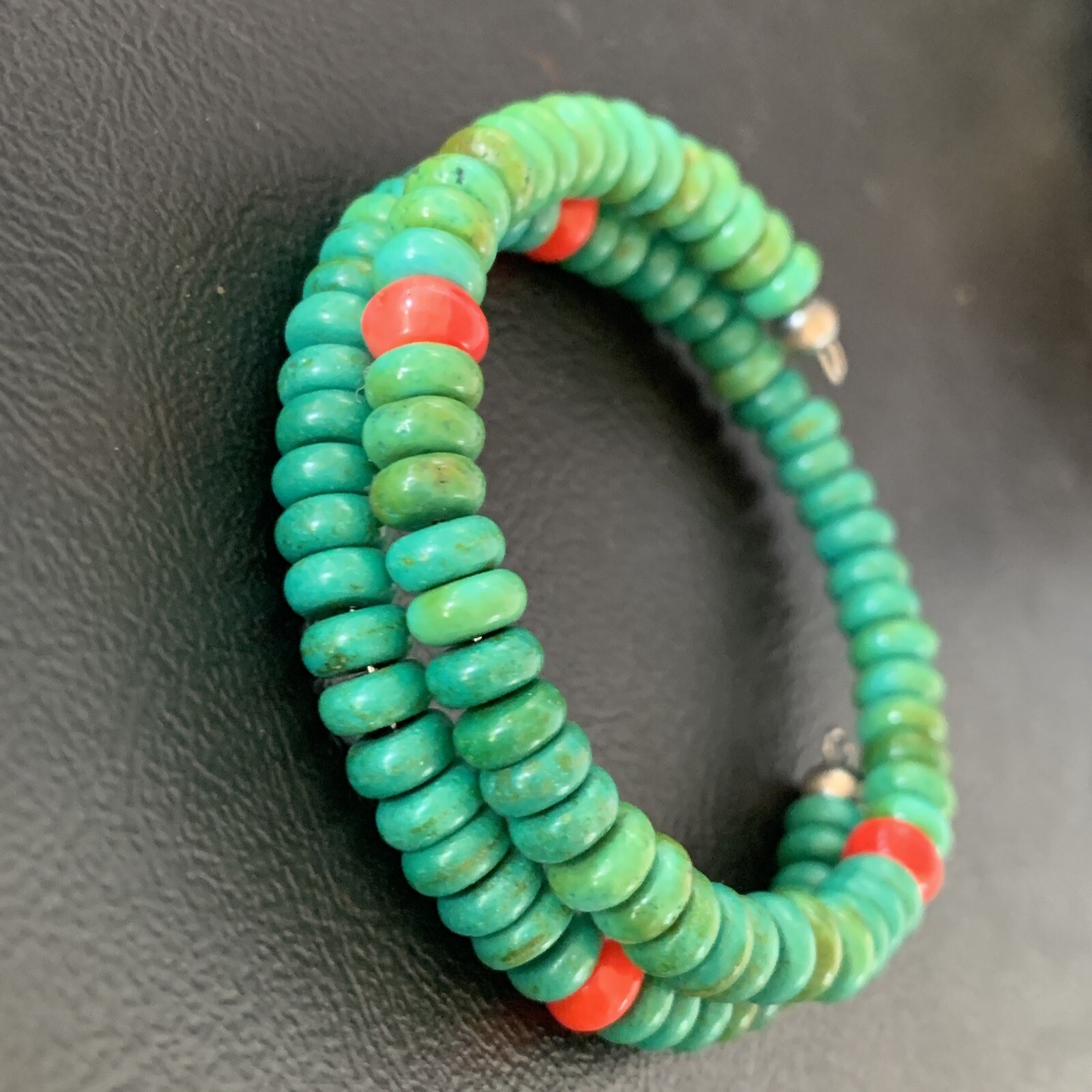 Wrap Memory Wire Stainless Steel Navajo Coral Green Turquoise Bracelet 9″ 13313