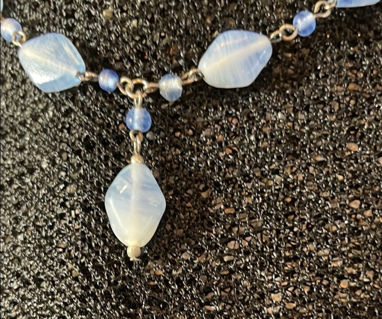 Vintage Blue Beaded choker With Hanging Stone necklace Festival Coastal Mystic