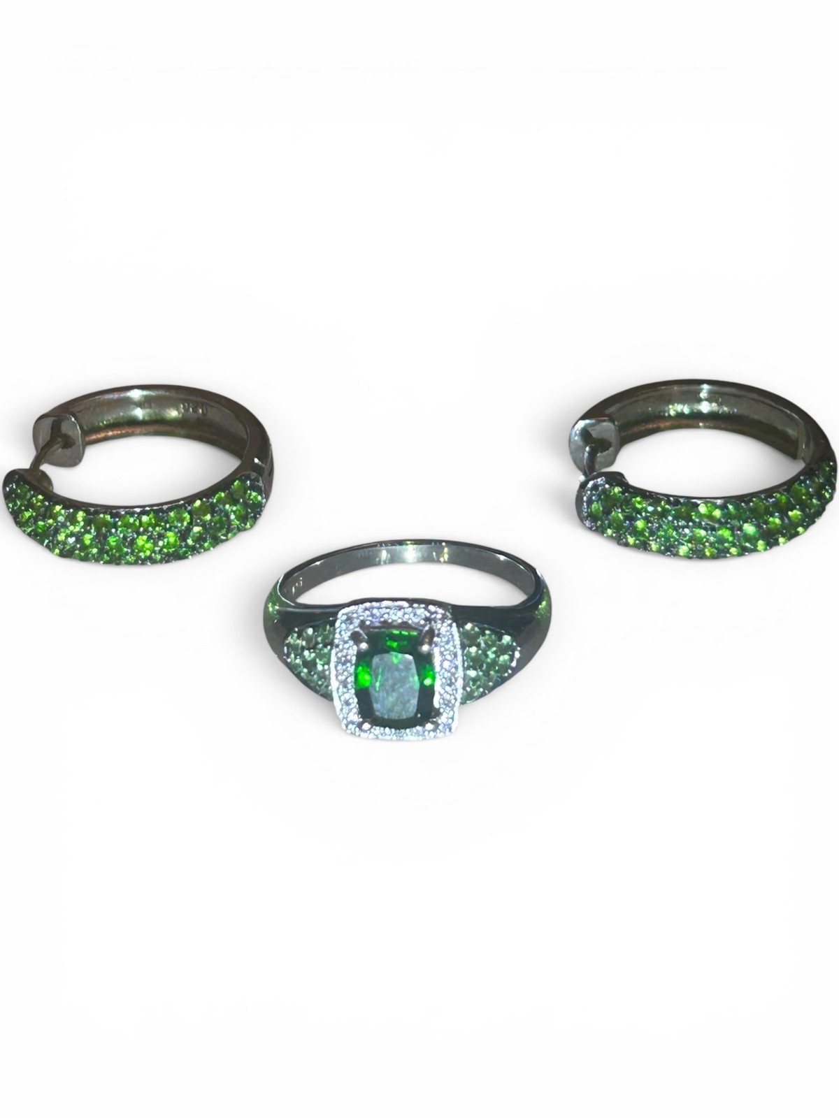 DK HT Sterling Silver Chrome Diopside Ring Earrings Set 925 Green Gemstone Pave