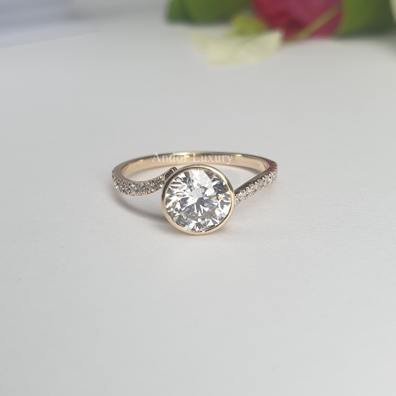 1.24 ct Lab Grown Round Diamond Side Stone Ring in 14K Yellow Gold For Women