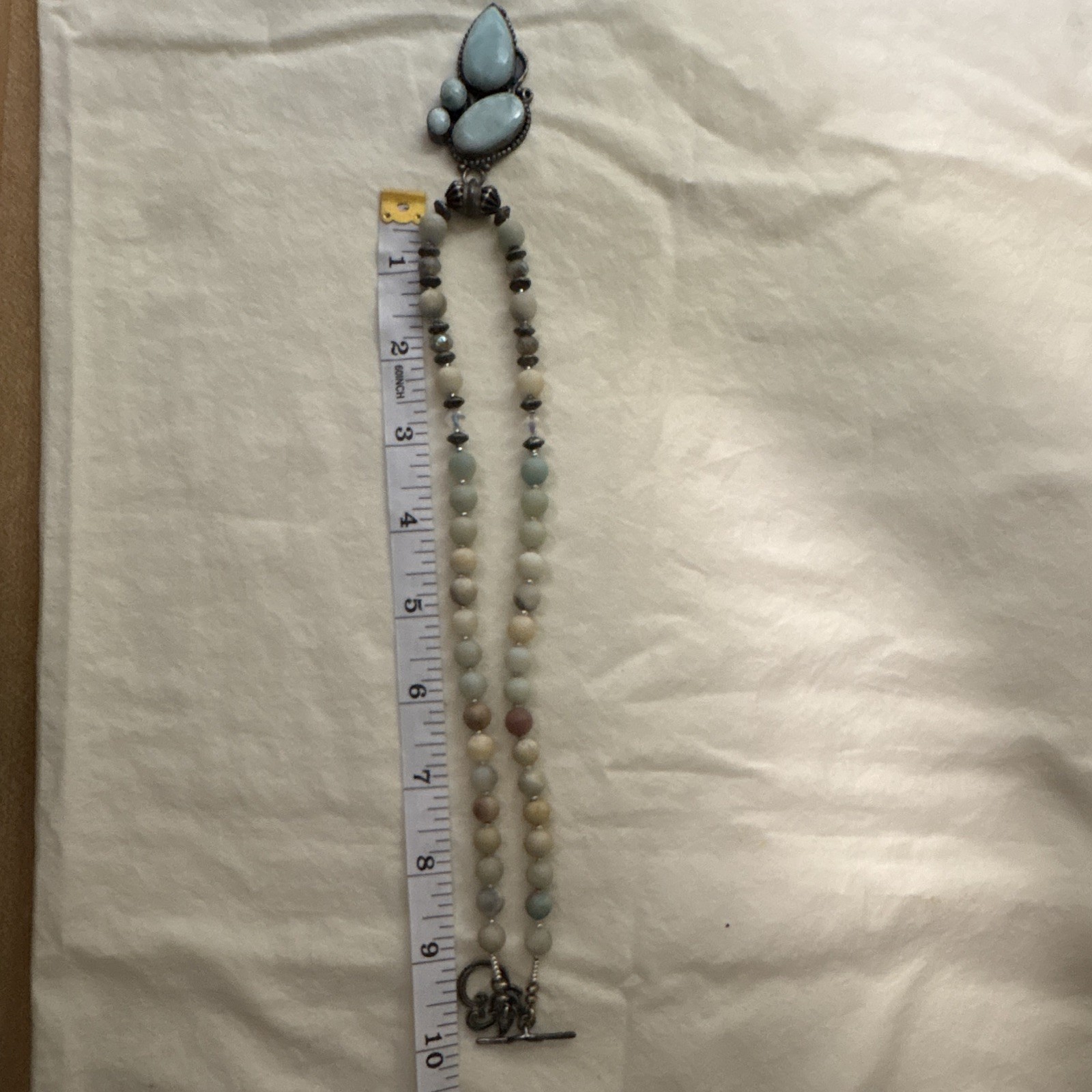 Silver/Gray Beaded Necklace Blue Teardrop Charm Pendant Bezel 18in Toggle