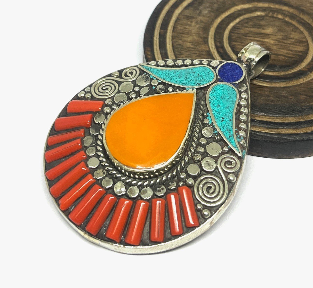 Antique Amber Coral Turquoise Gemstone Tibetan Style Pendant Jewelry, 2.9 inch