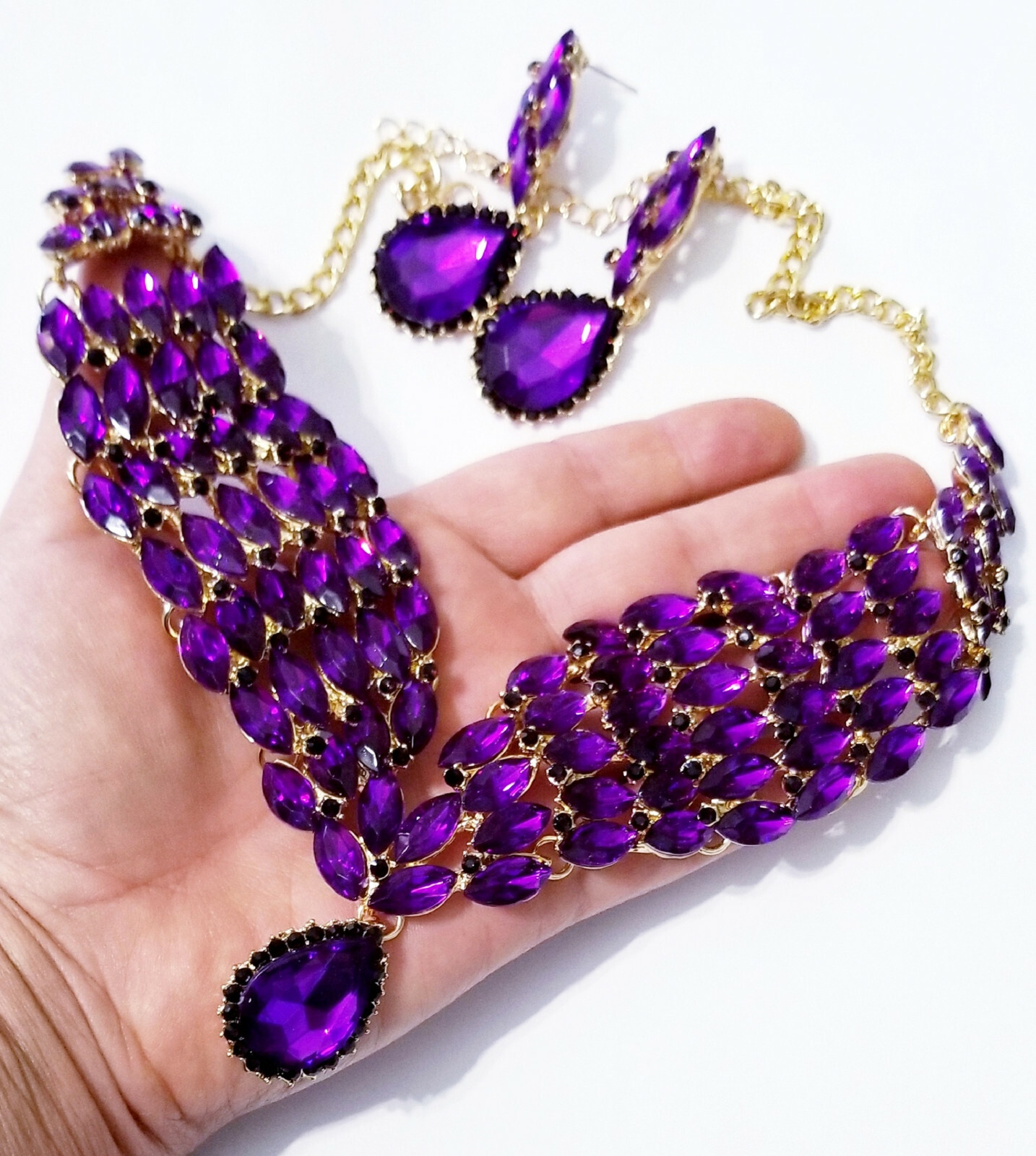 Choker Statement Necklace Earring Set Rhinestone Purple