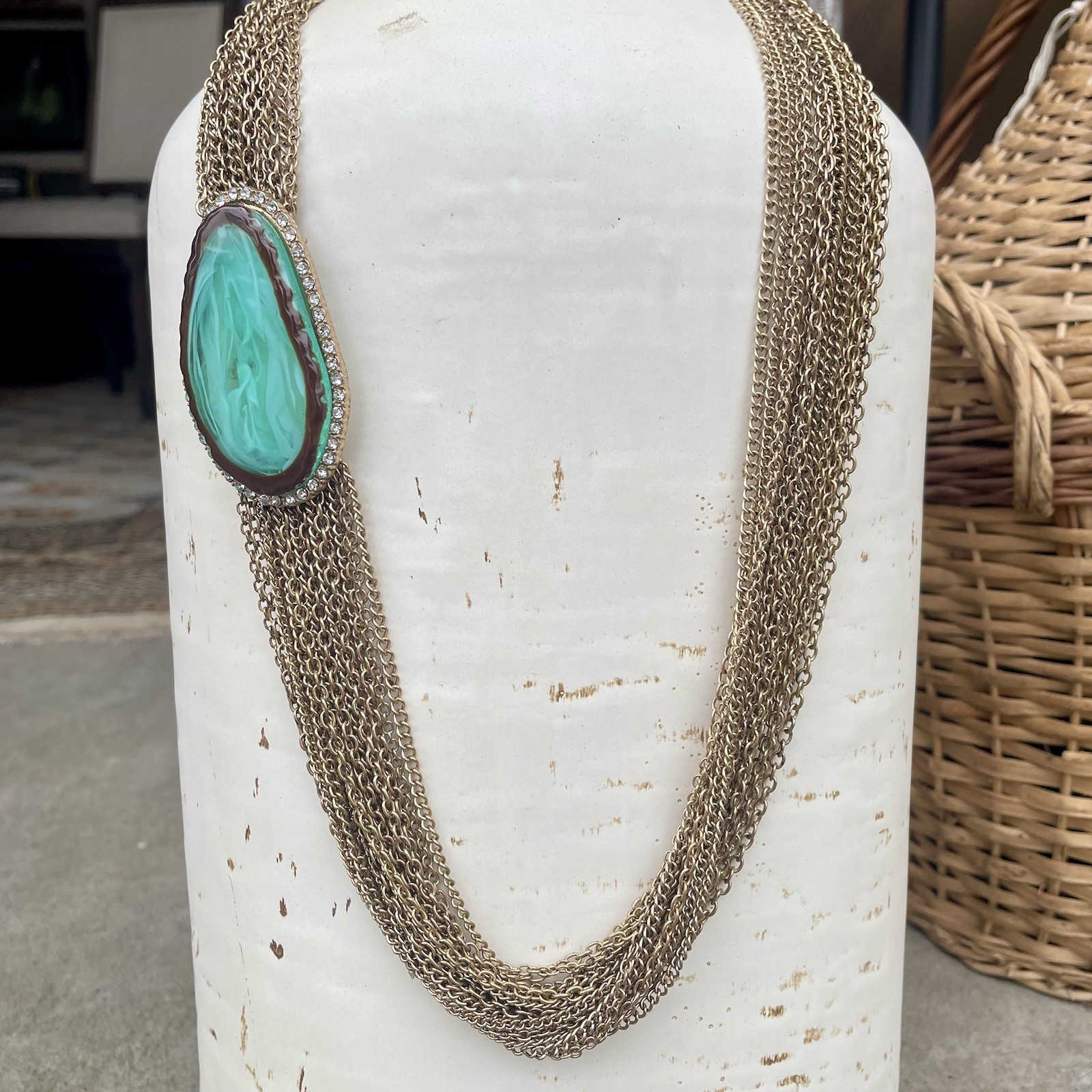 Vtg Multi Strand Gold Tone Chain Statement Necklace Marbled Green Rhinestones