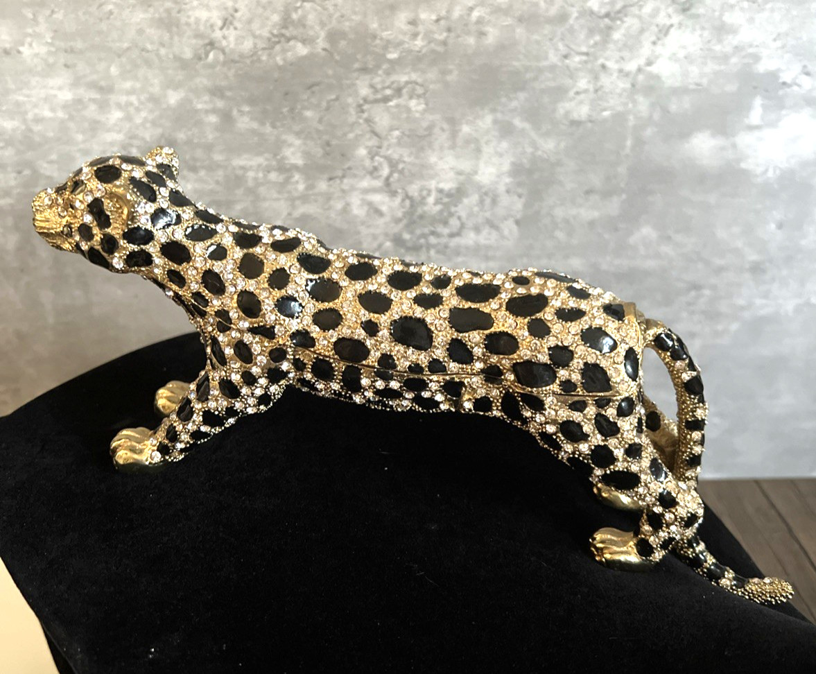 Gold Tone Metal Leopard Jewelry Box With Clear Rhinestone 9.5 inches Case