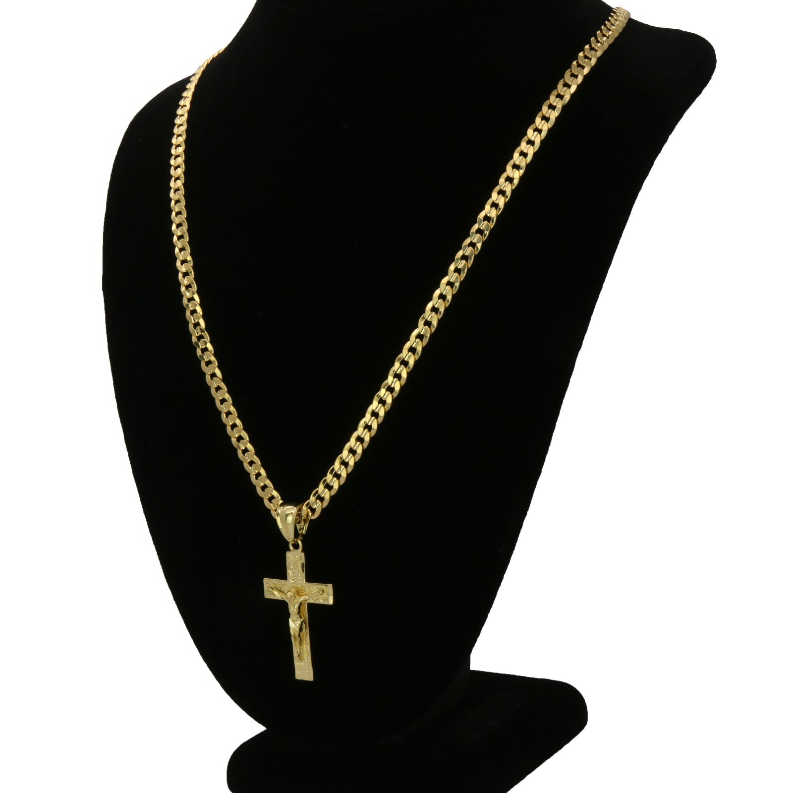 Mens 18k Gold Plated JESUS CROSS Hip-Hop Pendant 6mm Cuban Chain Necklace (S-3)