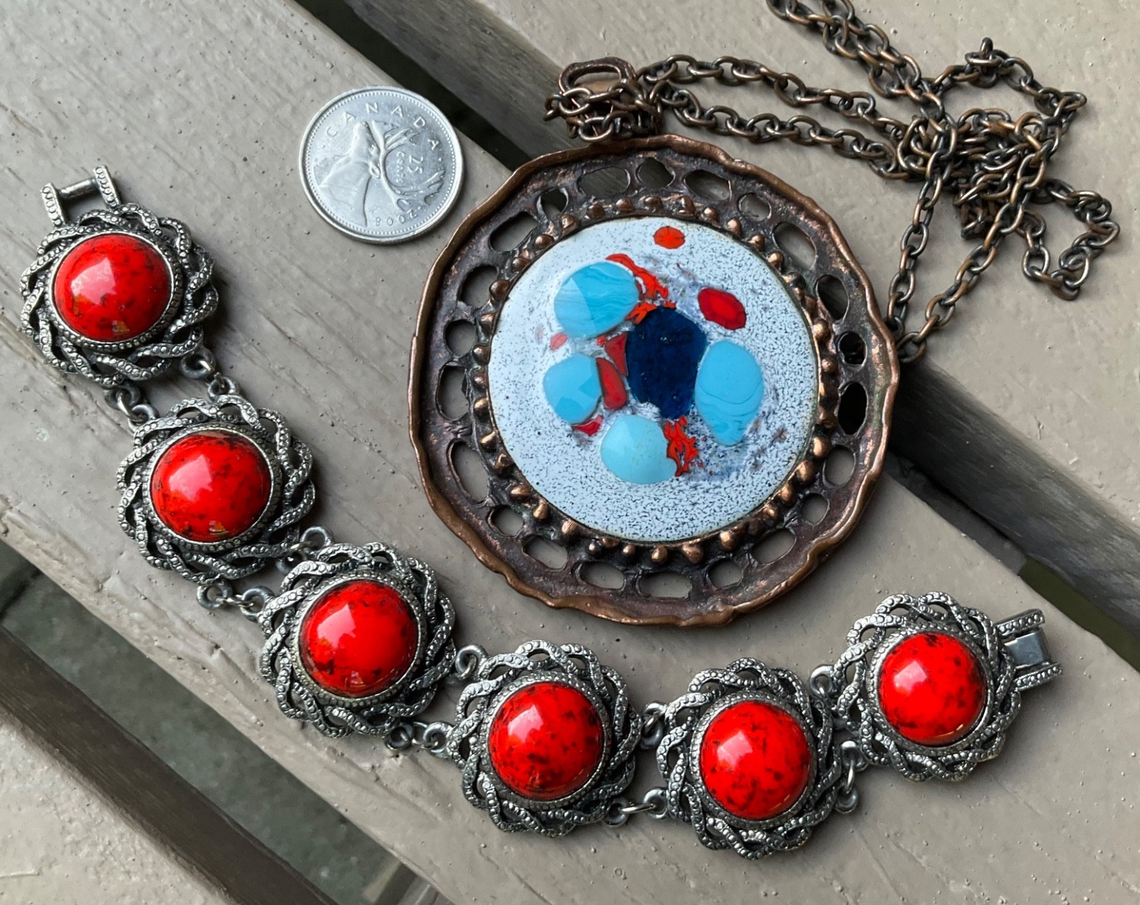 Vintage MCM Modern CERAMIC Lava BRACELET, Big ENAMEL COPPER Pendant NECKLACE