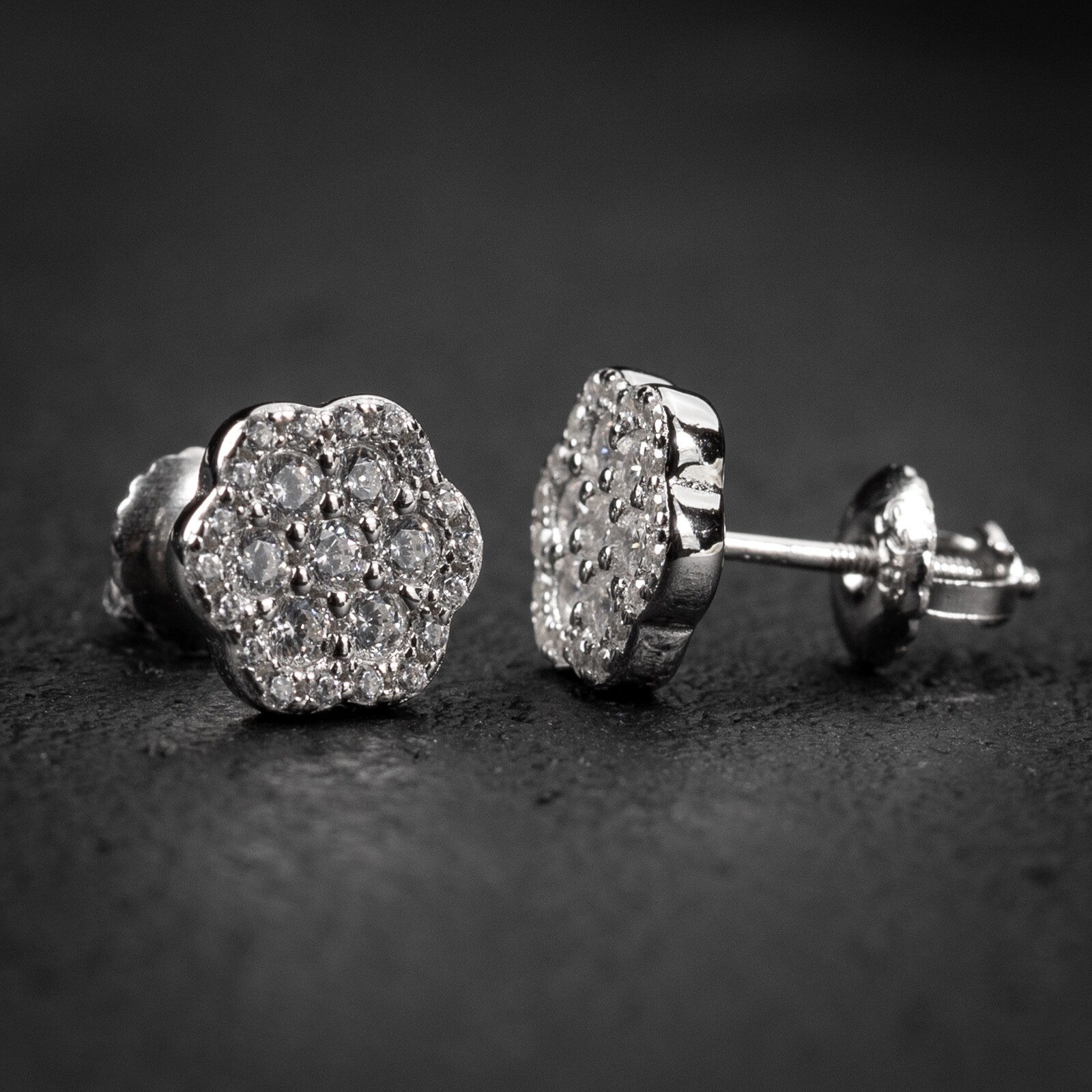 White Gold Plated Men’s Sterling Silver Iced Flower Cluster Stud Earrings