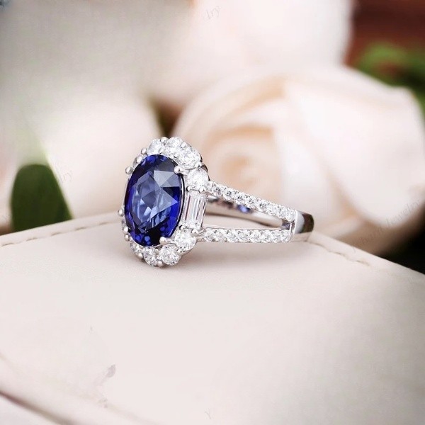 3.60 Ct Oval Natural Sapphire & Diamond Wedding Ring 14K White Gold Size 7