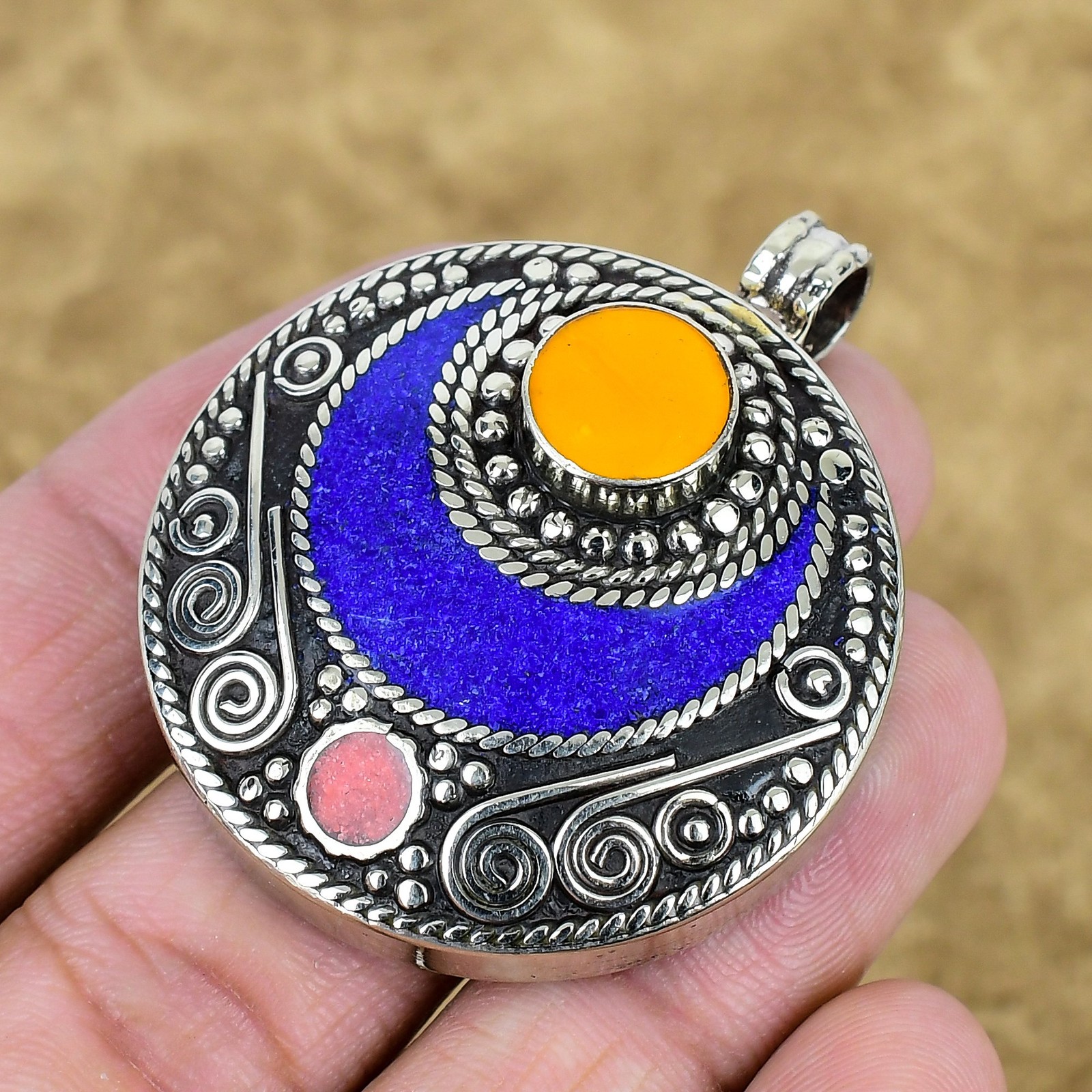 Yellow Coral Lapis Lazuli Pendant 925 Sterling Silver Handmade Jewelry SC 2146