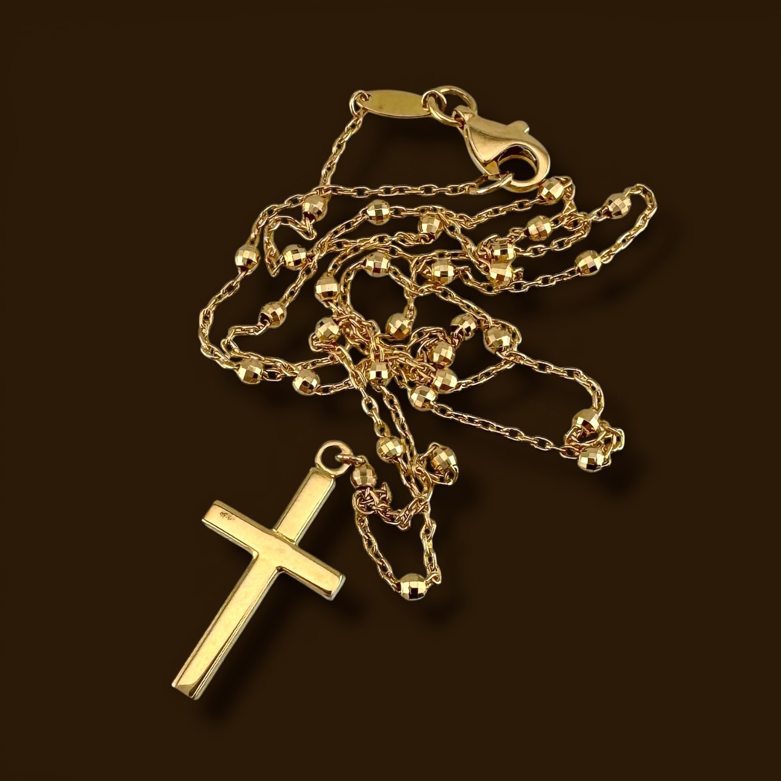 Vintage 21k Yellow Gold Cross Necklace Faceted Bead Chain 17” 3.97g