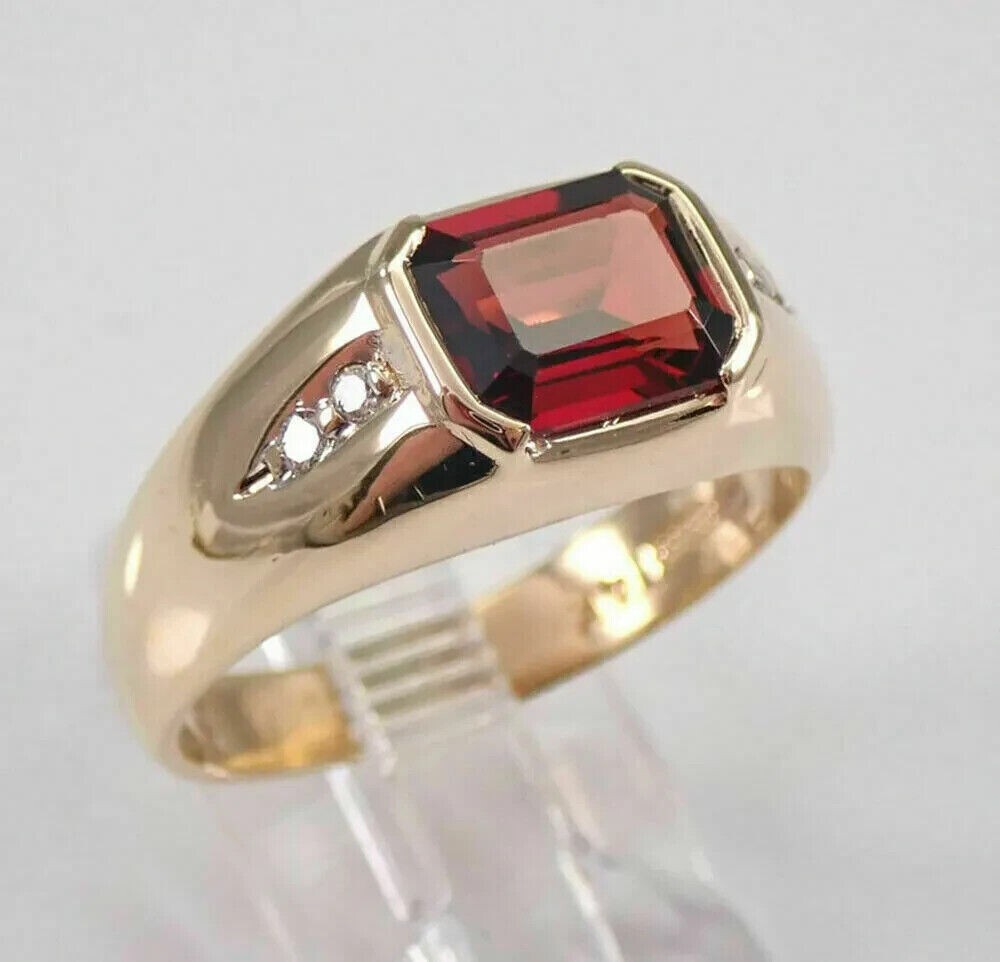 Emerald Cut Simulated Garnet & Diamond Engagement Ring 14K Yellow Gold Plated