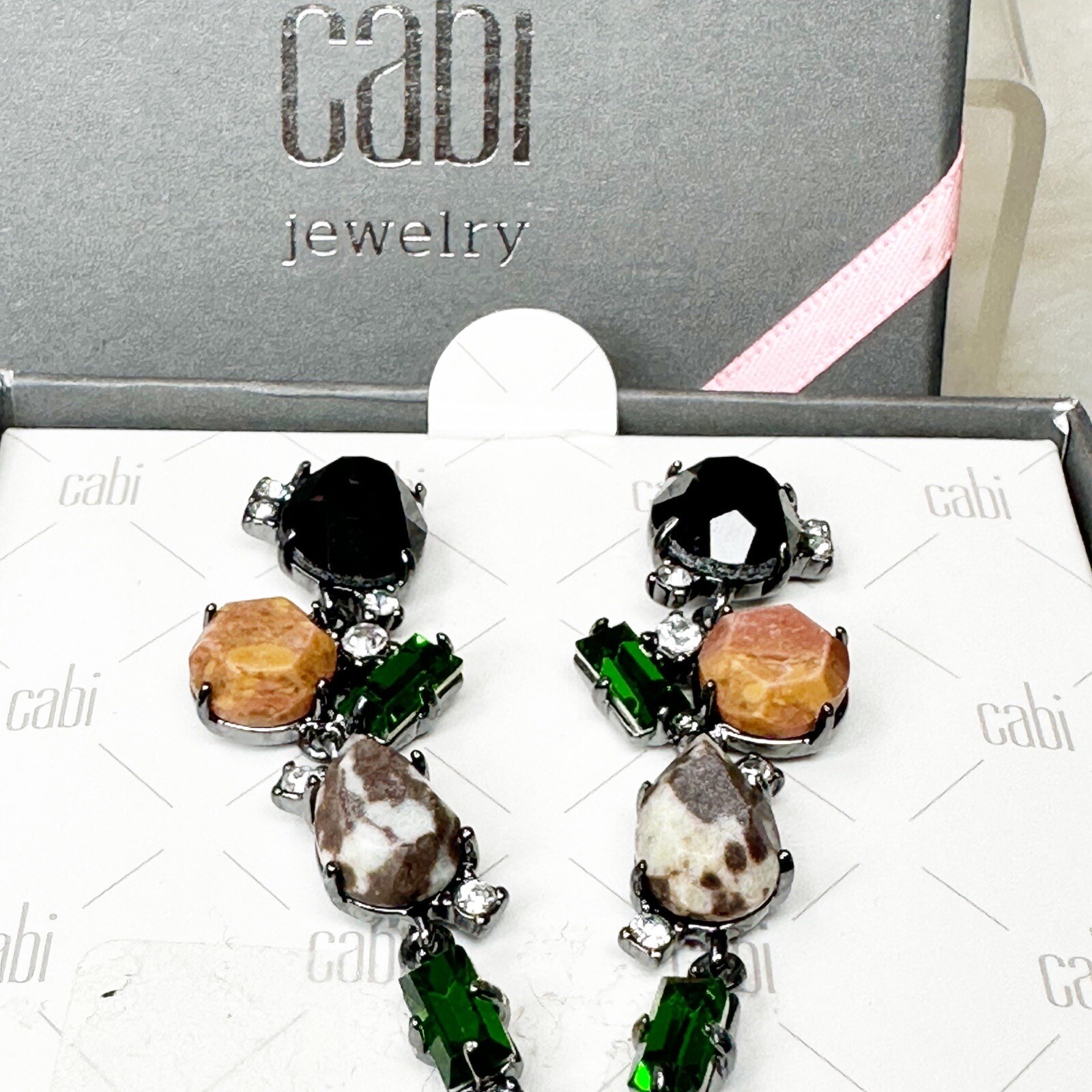 Cabi Rockstar Gemstone Crystal Dangle Earrings Dust Bag Paperwork Box New w/Box