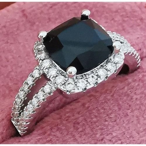 Black Cushion Cut Halo Ring Silver Tone Split Shank Costume Jewelry Size 7