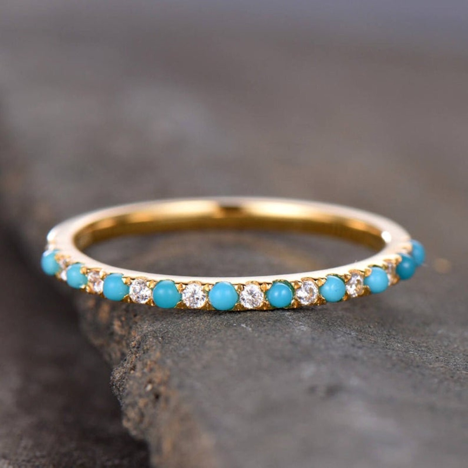 Wedding Band Turquoise with CZ Diamonds Ring Half Eternity Band Gold Plated