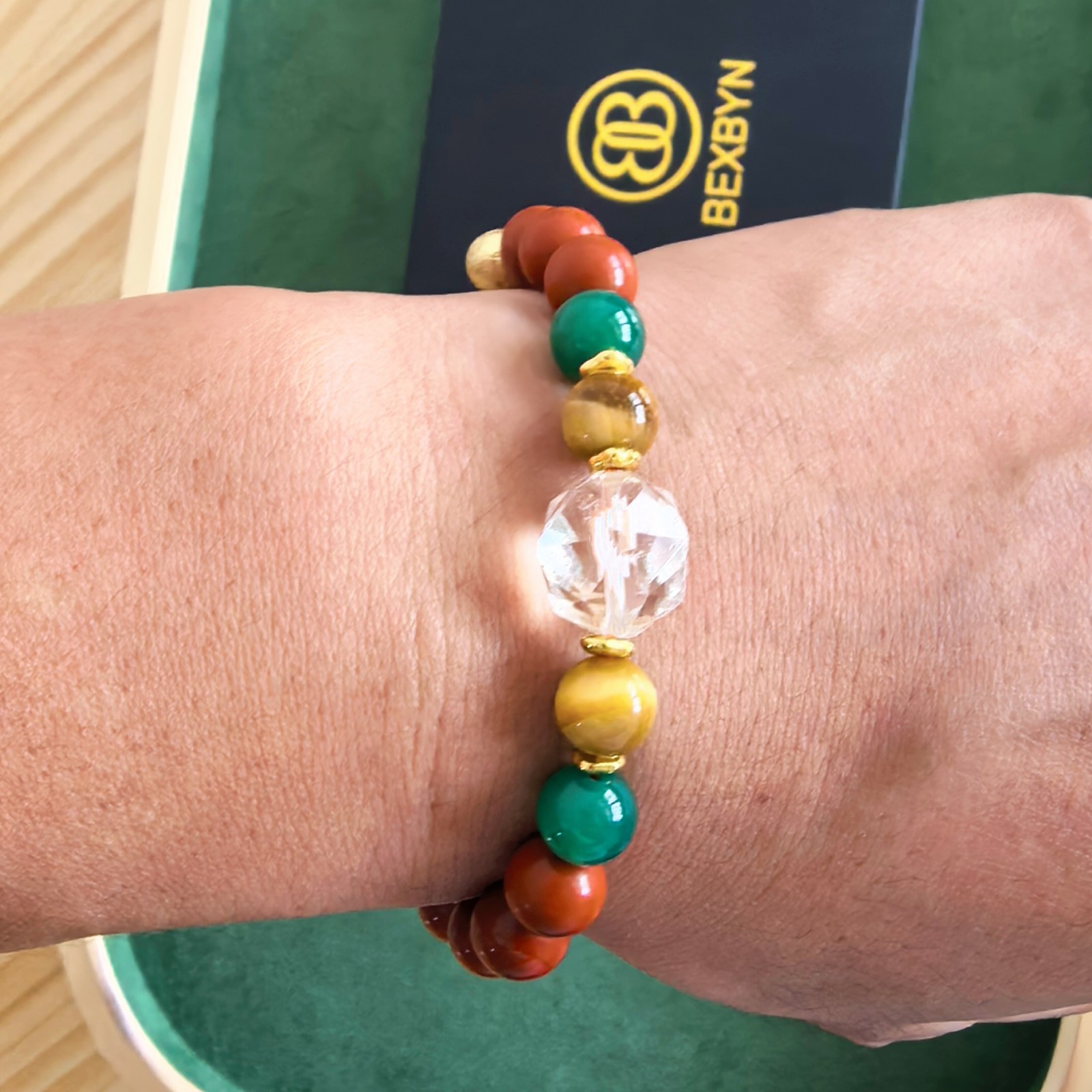 Custom Engraved Bracelet Red Jasper Green Agate Clear Quartz Beaded Jewelry Gift