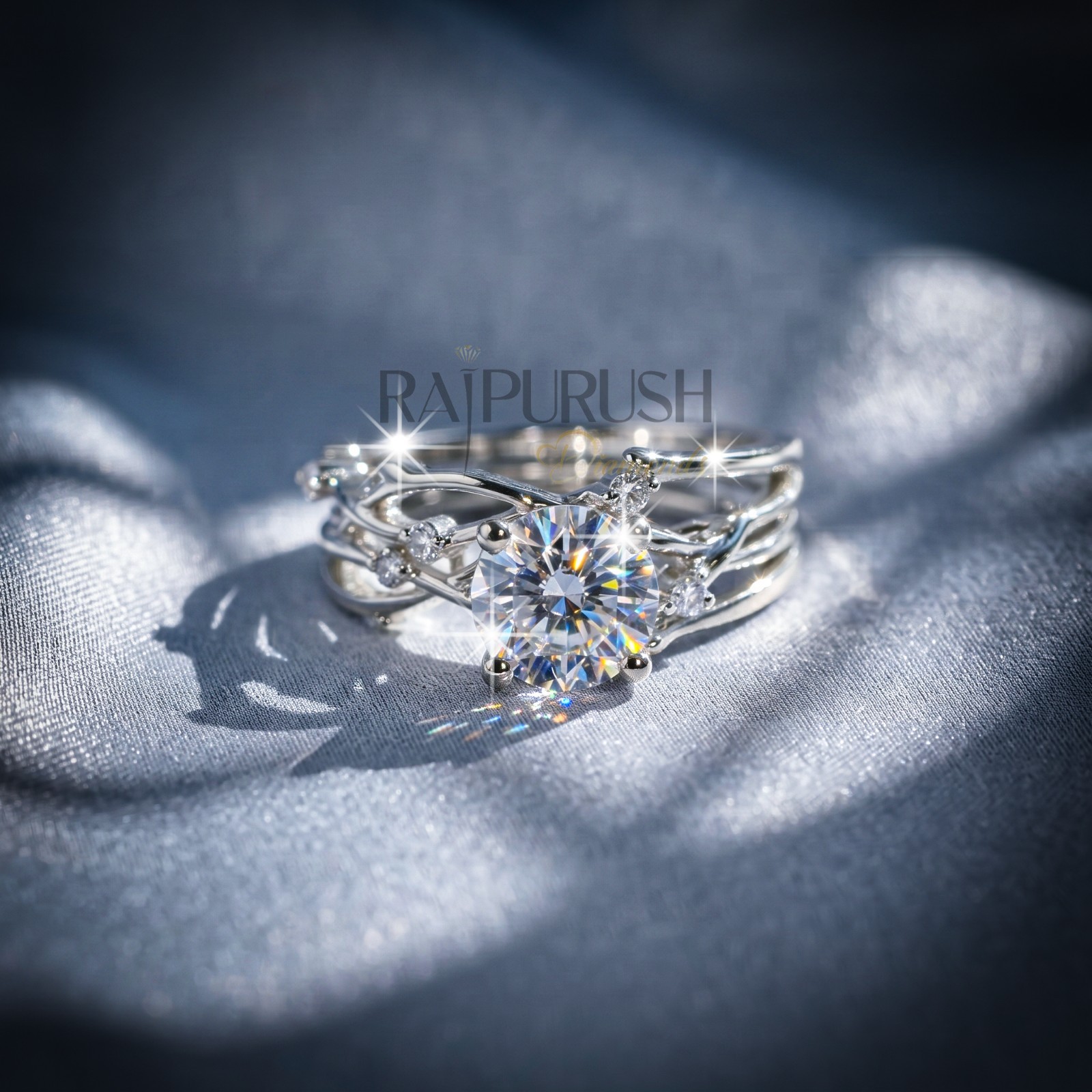 Round Moissanite Engagement Ring Set Nature-Inspired Vine Band Sterling Silver