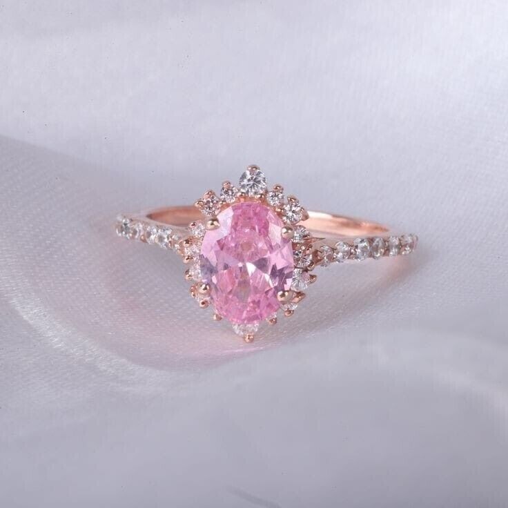 Oval Cut Simulated Pink Sapphire Women’s Stunning Band Ring 14k Rose Gold Plated
