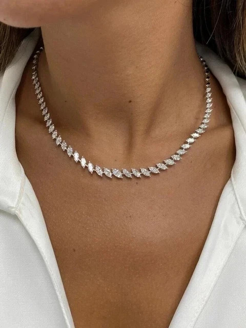 20TCW Marquise Cut Lab Created Diamond Tennis Necklace 14k White Gold Plated