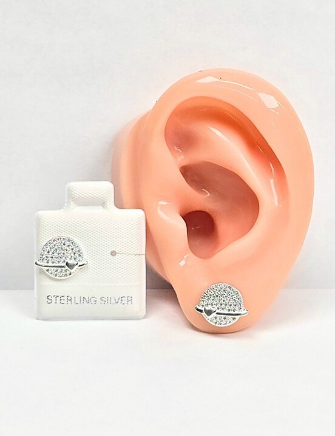 Arete Stud Earrings Plata 925 Mex. Sterling Silver Saturn Planet Design CZ