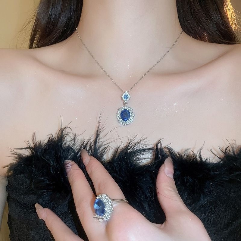 Silver Alloy 3Pcs Jewelry Set Blue Zirconia Halo Necklace Drop Earrings Ring