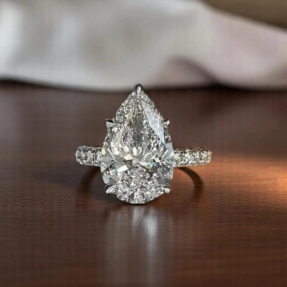 Women Pear Cut Diamond Ring 14k White Gold IGI Certified Lab Grown 4 Ct VVS EF
