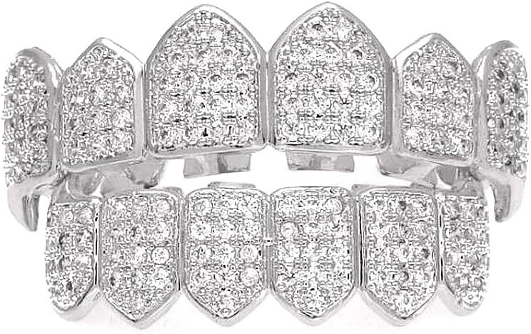 14K GP HipHop Teeth Dental Caps Grillz Top&Bottom Grills Set W/ Wax Real CZ