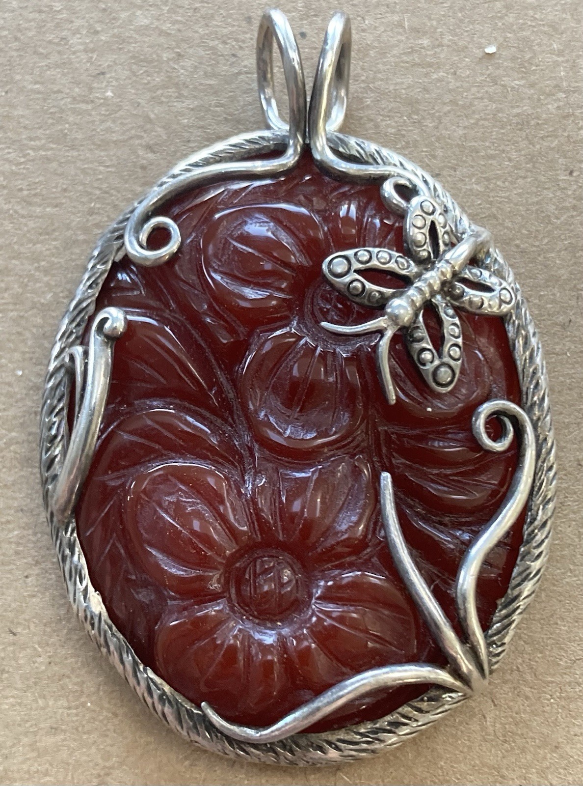 Carnelian Agate Butterfly Flower Big PENDANT Sterling Silver 925 Red Necklace