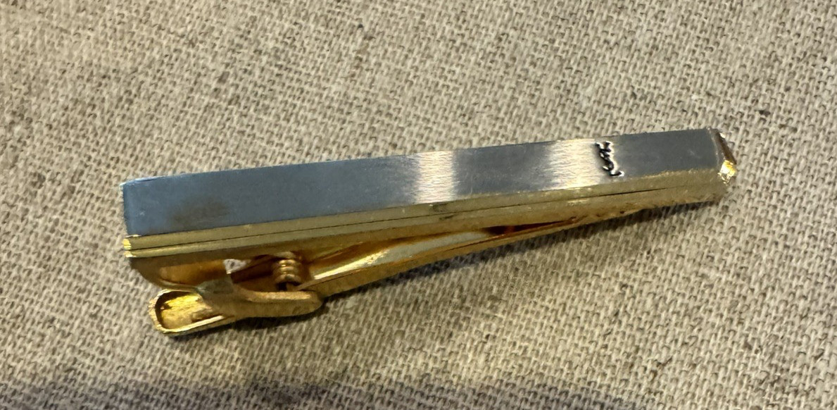 Signed YSL Yves Saint Laurent Tie Bar Clip Clasp Gold Silver Tone Logo Vintage