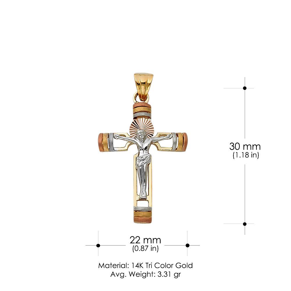 14K Tri Color Gold Religious Crucifix Charm Pendant & 1.2mm Box Chain Necklace