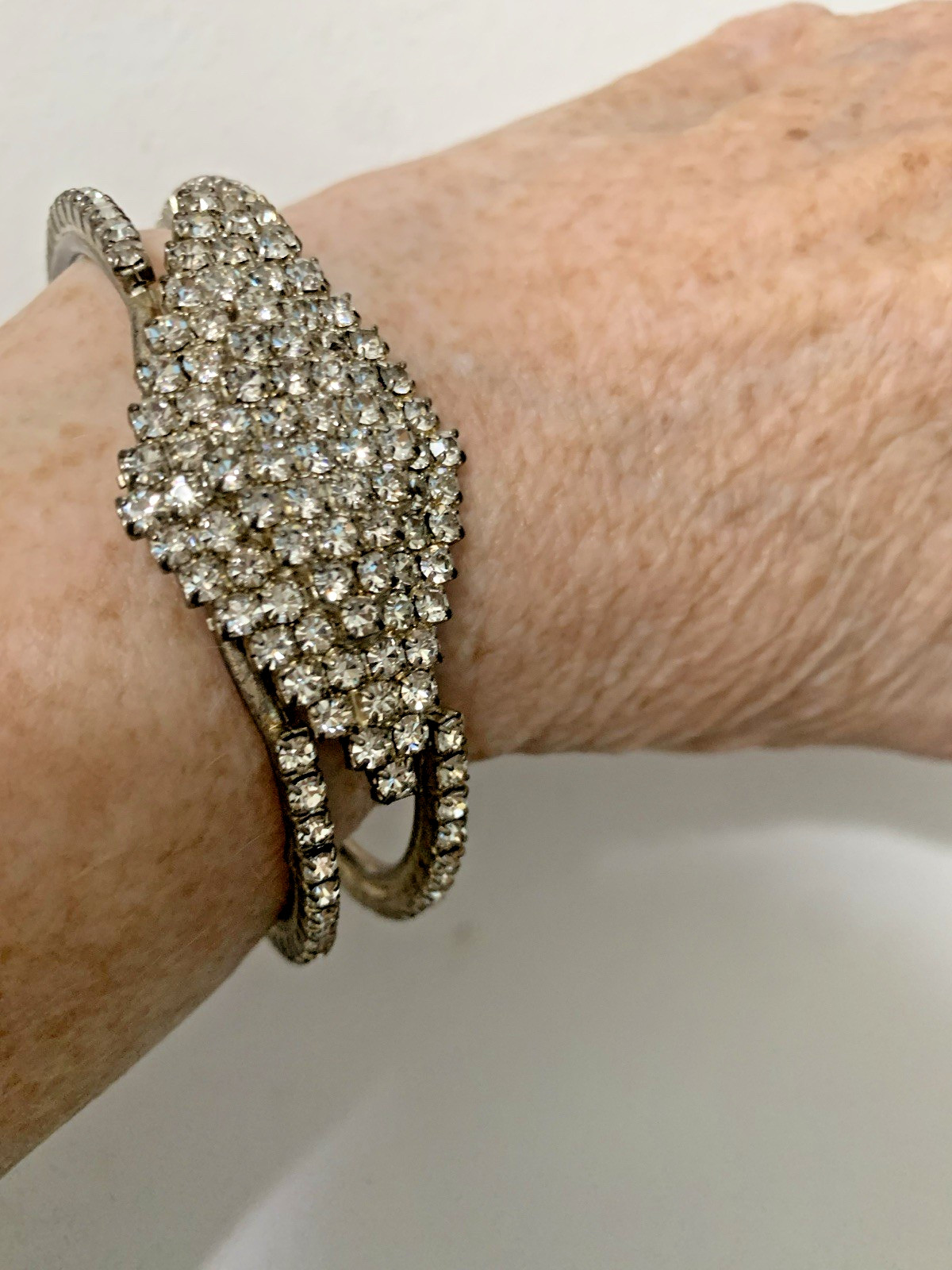 Vintage Encrusted Prong Set Rhinestones,Bangle Bracelet,Silver-tone & Hinged, 8”