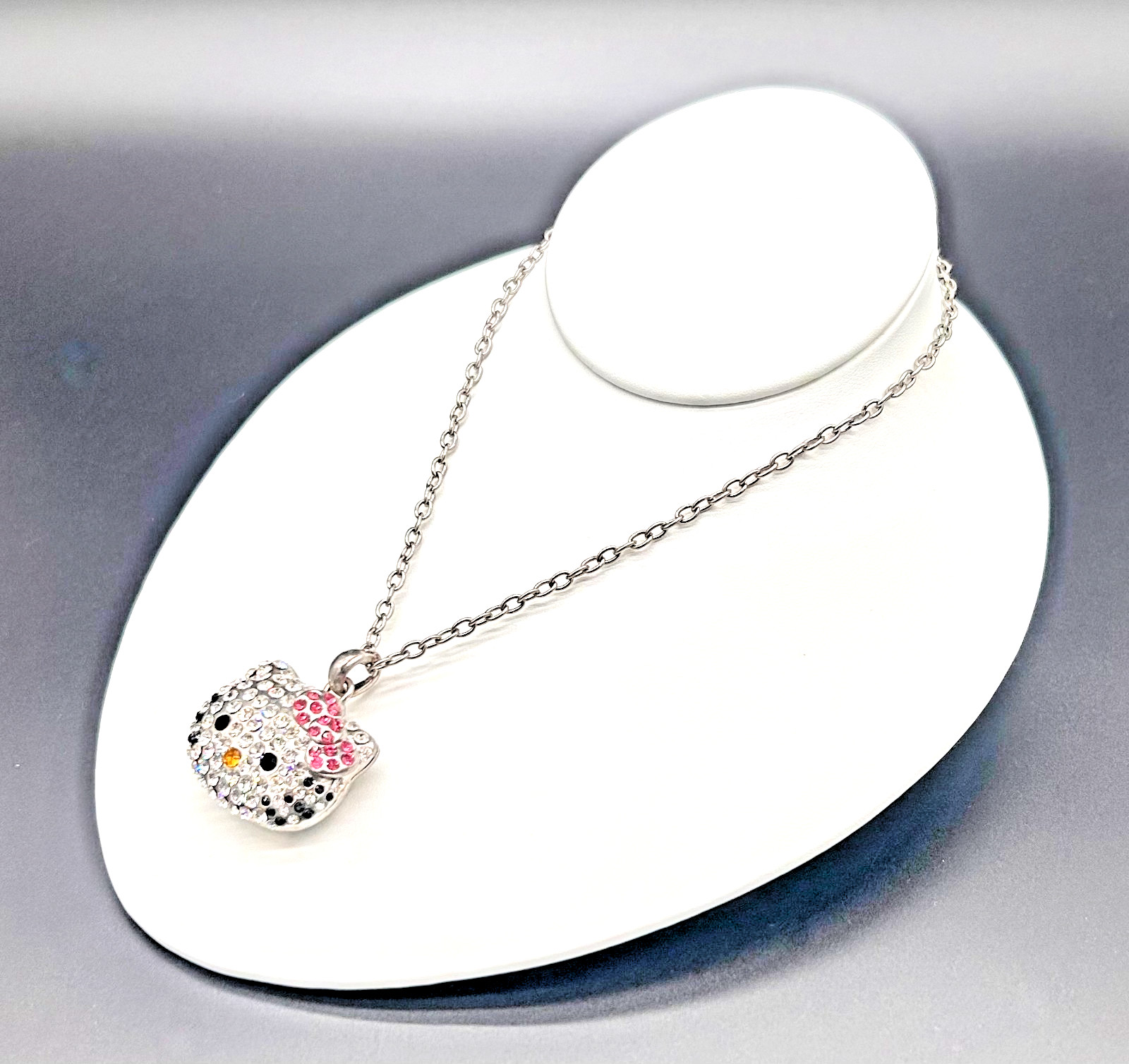 Kitty Cat Pendant Pink Clear Crystal Iced Out Bling Pave Necklace Silver Tone