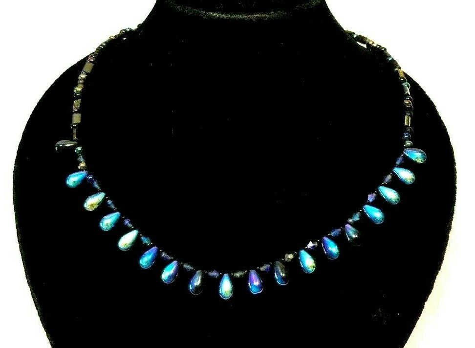 Iridescent Blue/Black Glass Choker with Sterling Clasp Approx.16 Inches Long