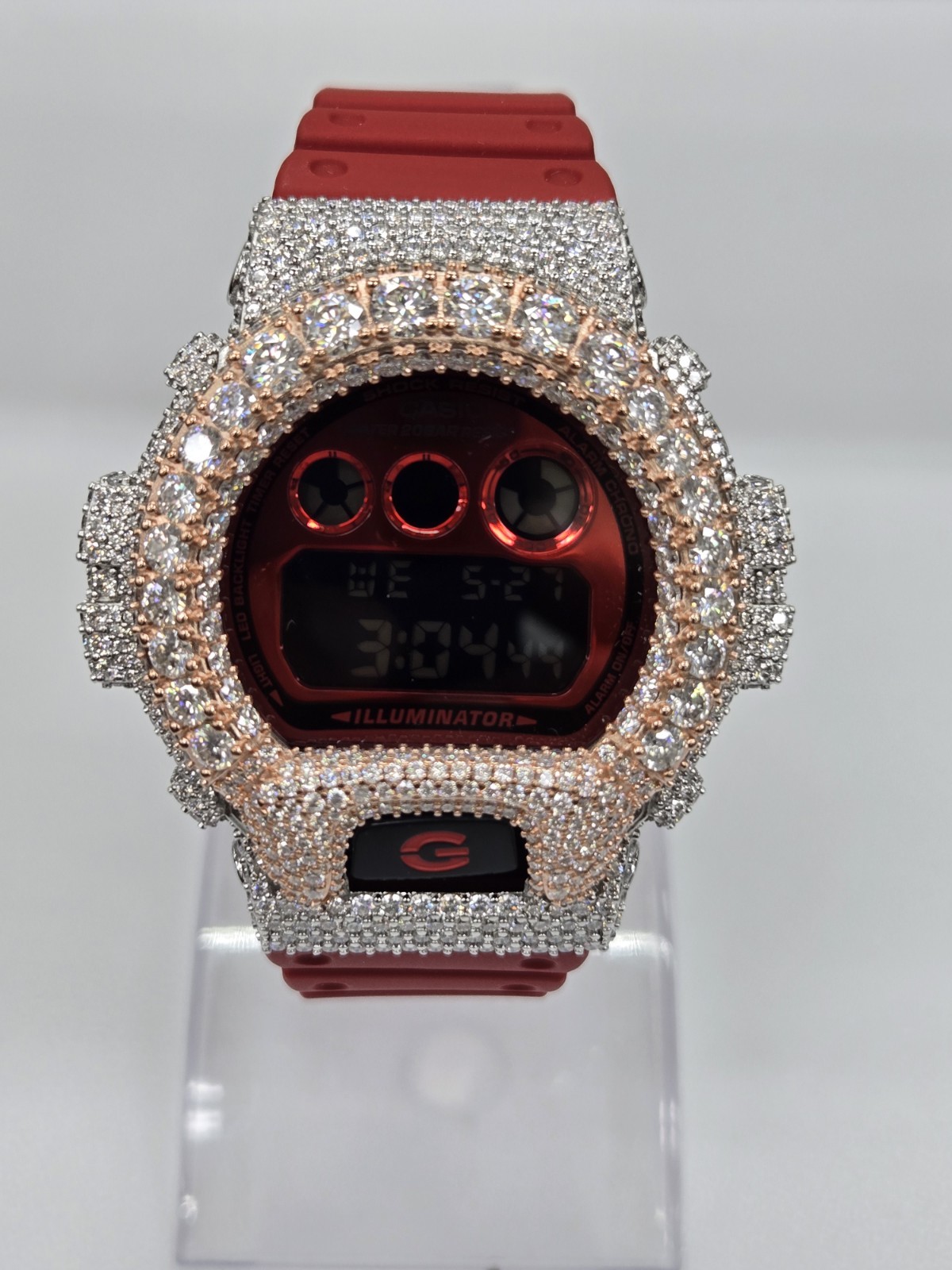 Moissanite G Shock Casio 2tone Rose 3Line Bezel, Red Band W/Original Bezel New