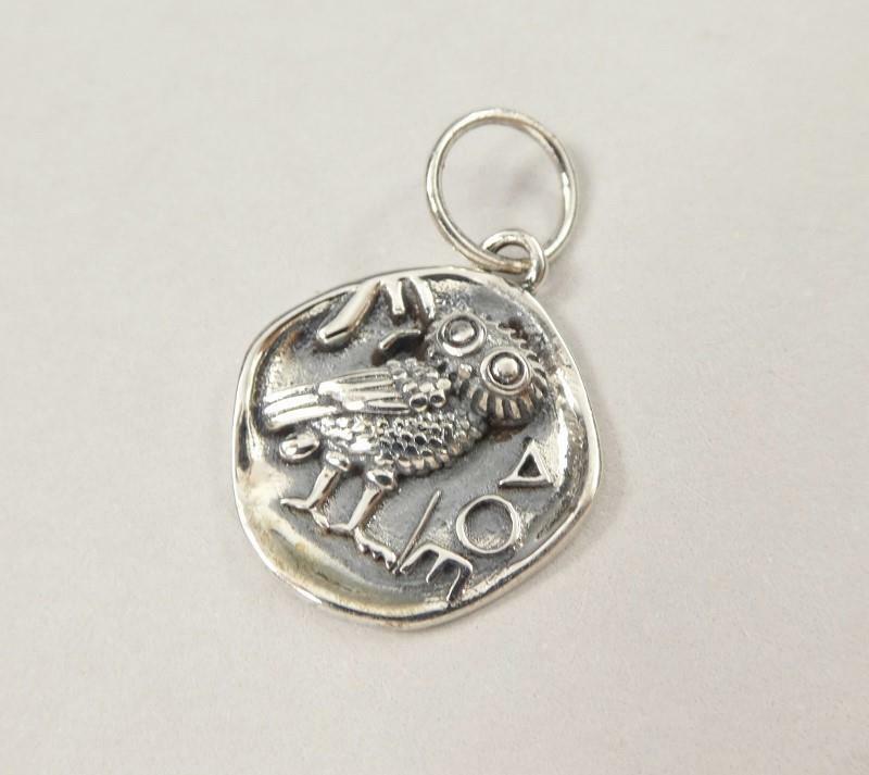 Sterling Silver Ancient Athena Owl Coin Organic Round Small Charm Pendant Unique
