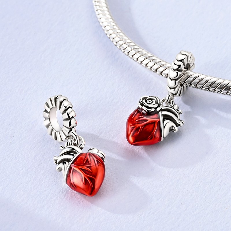 MULA 925 Sterling Silver DIY Charm Red Rose Heart Pendant for Women Bracelet