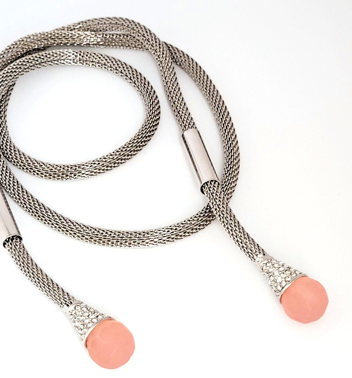 Jewelmint Silver Tone Mesh Chain Necklace Lariat Rhinestone Peach Lucite Caps