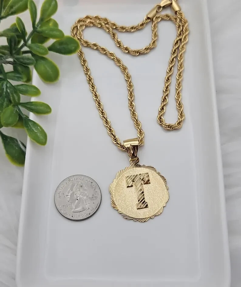 Gold Initial Necklace, 30mm Circle Initial Pendant, 14k Heavy Plated
