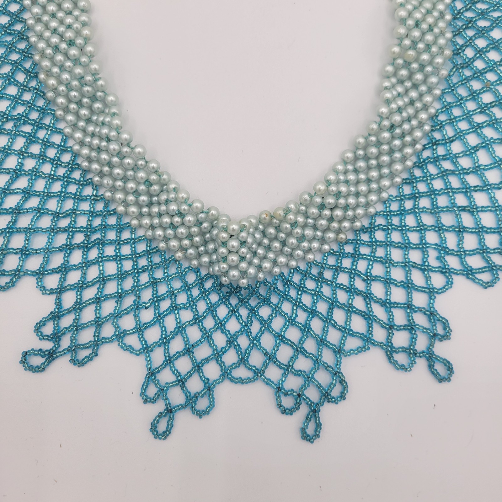 Woven Seed Bead Choker Collar Necklace Bib Teal Faux Pearl & Rhinestone