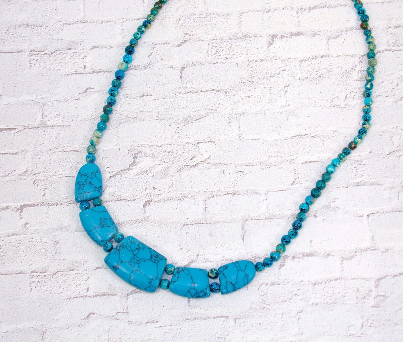 Turquoise stone necklace with large stones in front, small round bead neck New