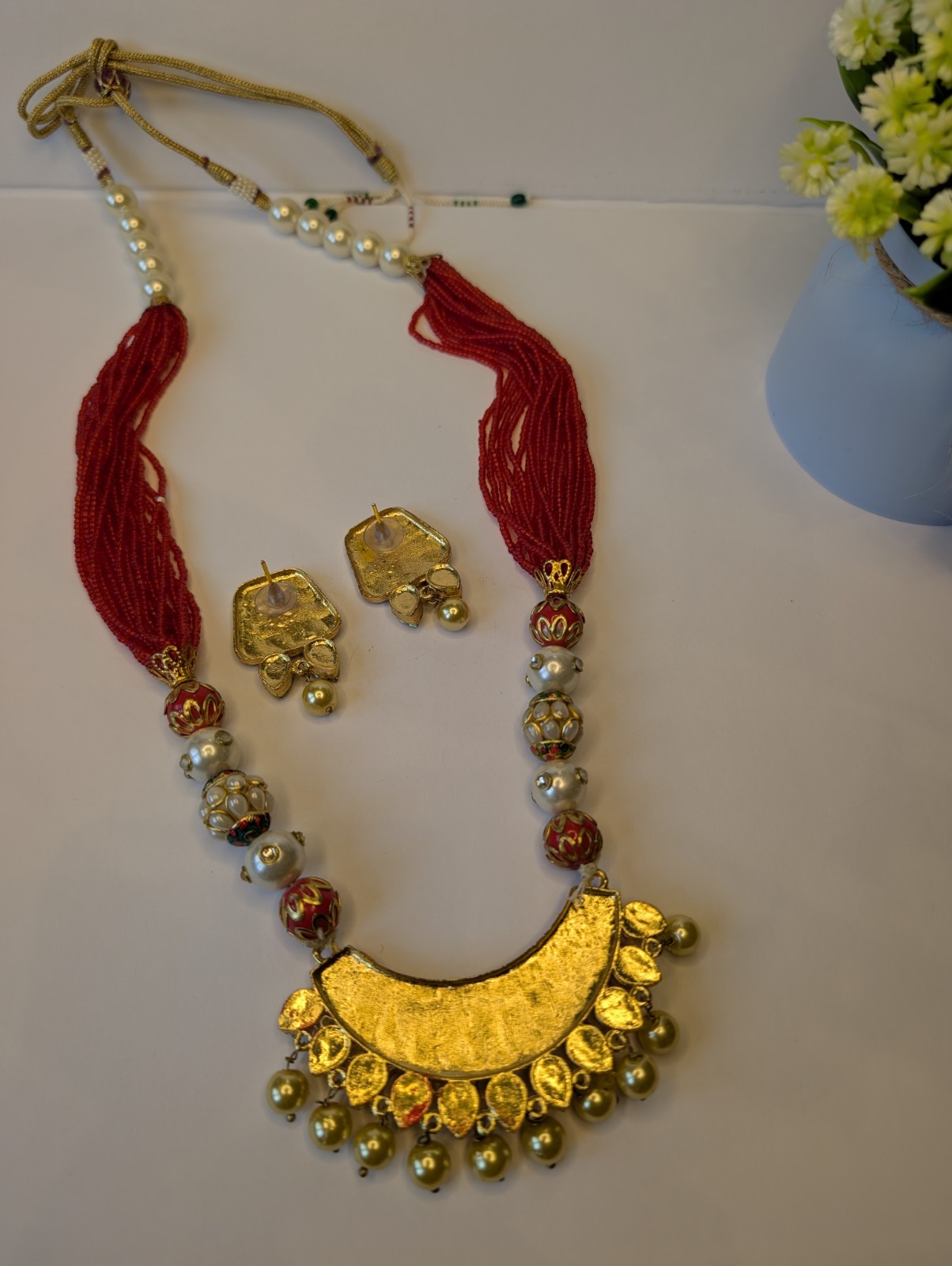 Handmade Lotus Thread Necklace Set Red Meenakari Pearl Indian Ethnic Jewelry