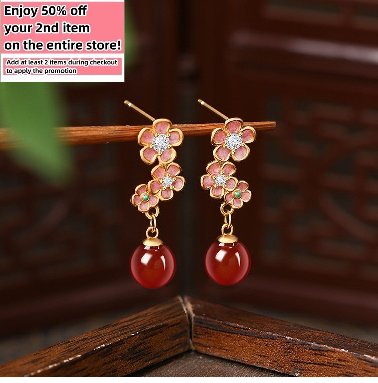 Red Jade Drop Dangle Earrings Gemstone Flowers Shape Stud 18K Gold Plated