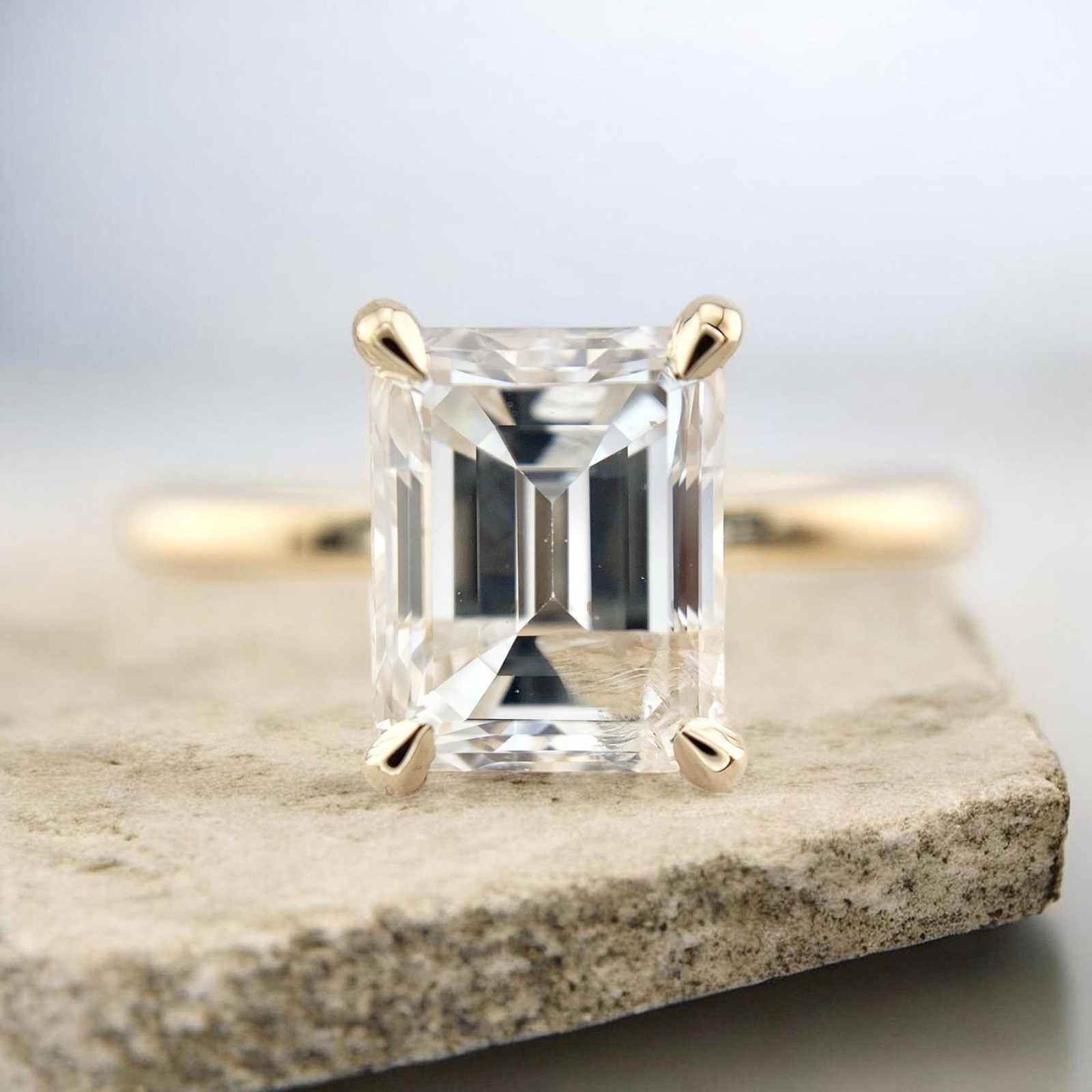 14k Yellow Gold Natural Emerald Cut Diamond GIA Certified Engagement Ring