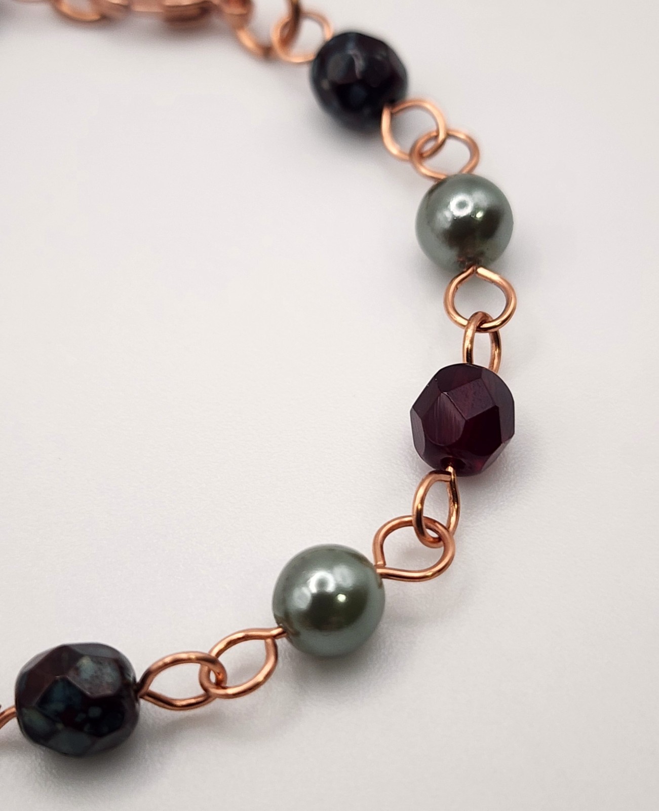 Handcrafted Copper Chain Bracelet with Czech Garnet, Sage Green and Burgundy Red