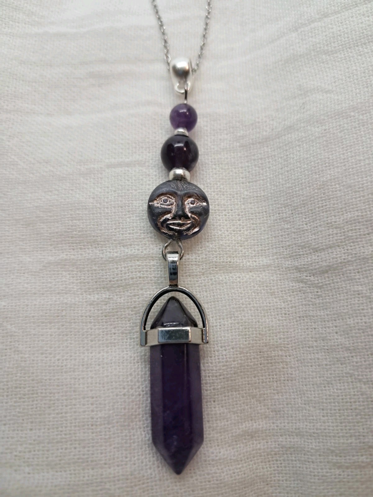 Genuine AMETHYST DT Crystal Beads Czech Glass Moon Face Pendant Necklace Wicca