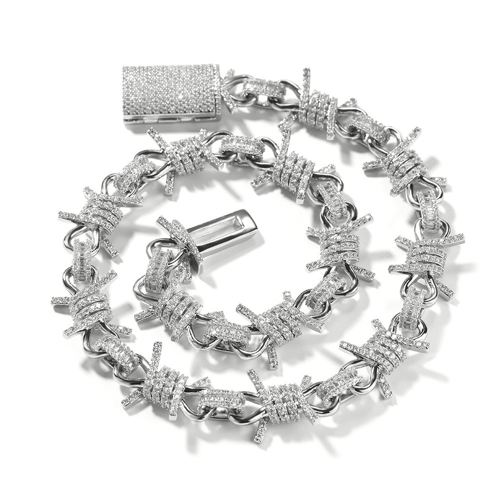 Sparkling Barbed Wire Chain Silver Gold Hip Hop CZ Bling Barbwire Necklace